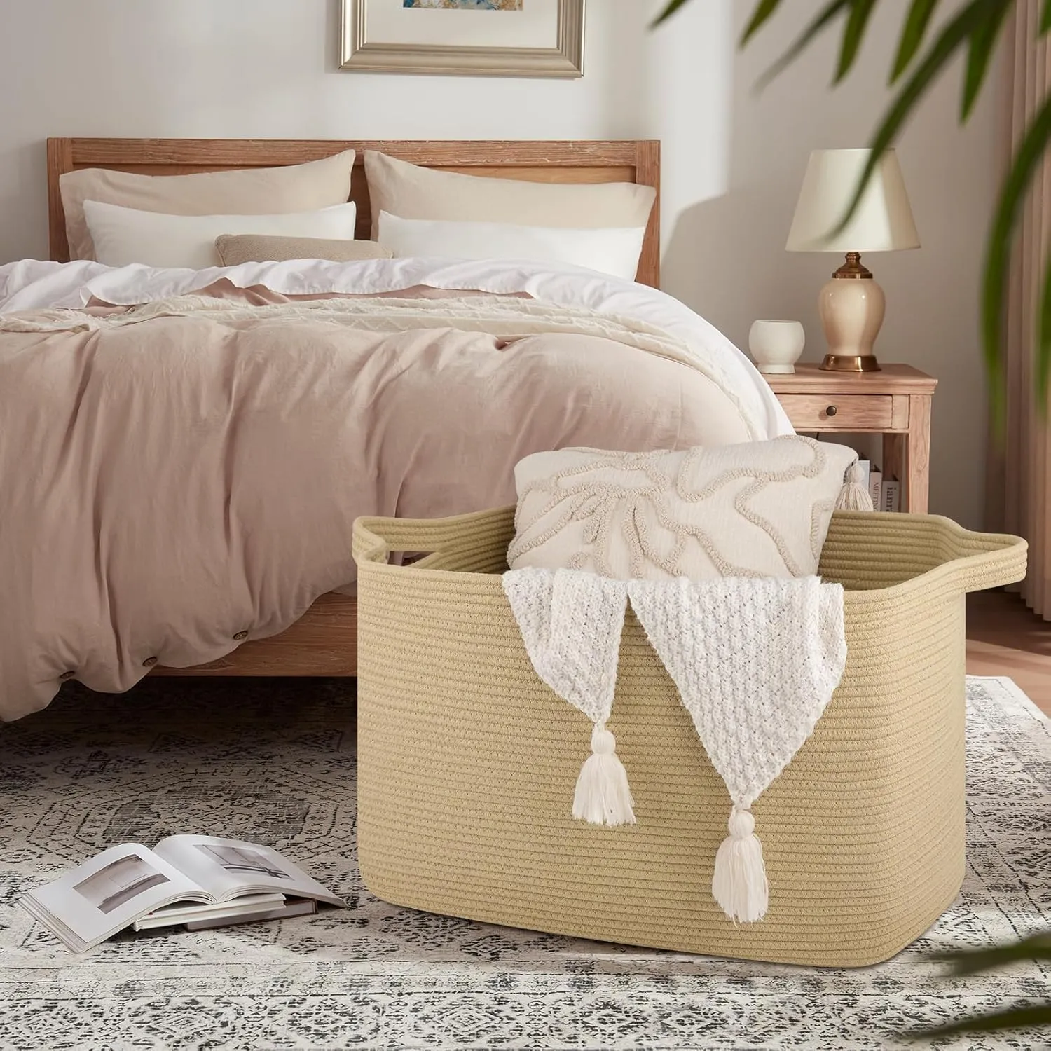118L Extra Large Blanket Basket, 24.8"x17.7"x16.2" Woven Rope Baskets for Storage, Nursery Blanket Storage for Living Room, Toy Basket with Handle Organizing Comforter Cushions Pillows, Jute