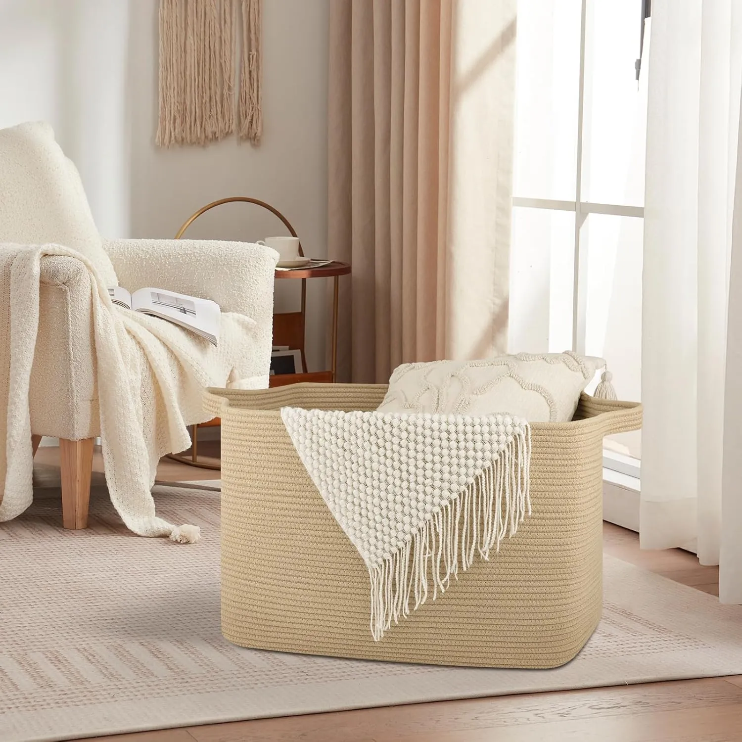 118L Extra Large Blanket Basket, 24.8"x17.7"x16.2" Woven Rope Baskets for Storage, Nursery Blanket Storage for Living Room, Toy Basket with Handle Organizing Comforter Cushions Pillows, Jute