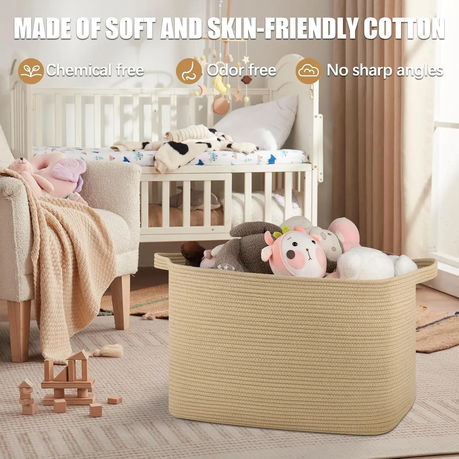 118L Extra Large Blanket Basket, 24.8"x17.7"x16.2" Woven Rope Baskets for Storage, Nursery Blanket Storage for Living Room, Toy Basket with Handle Organizing Comforter Cushions Pillows, Jute