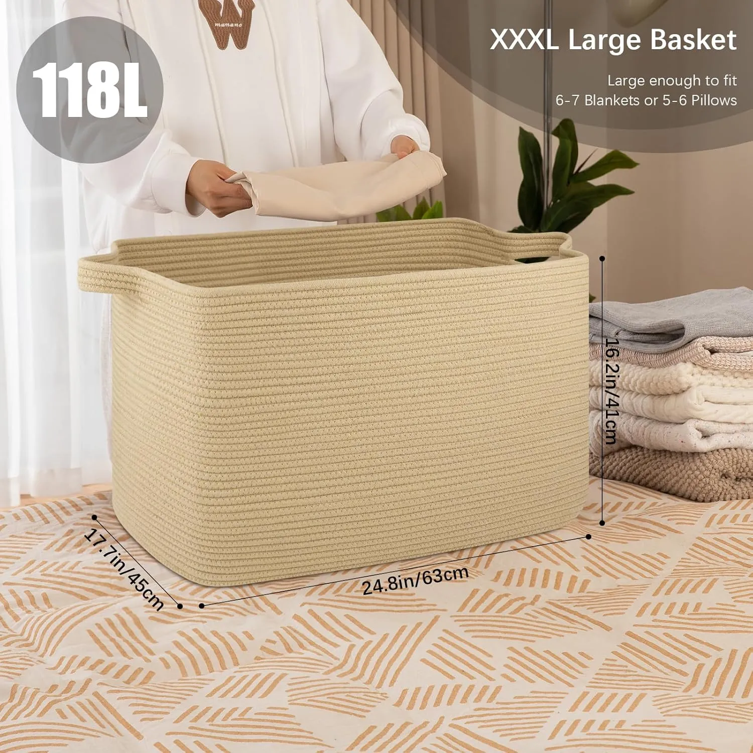 118L Extra Large Blanket Basket, 24.8"x17.7"x16.2" Woven Rope Baskets for Storage, Nursery Blanket Storage for Living Room, Toy Basket with Handle Organizing Comforter Cushions Pillows, Jute