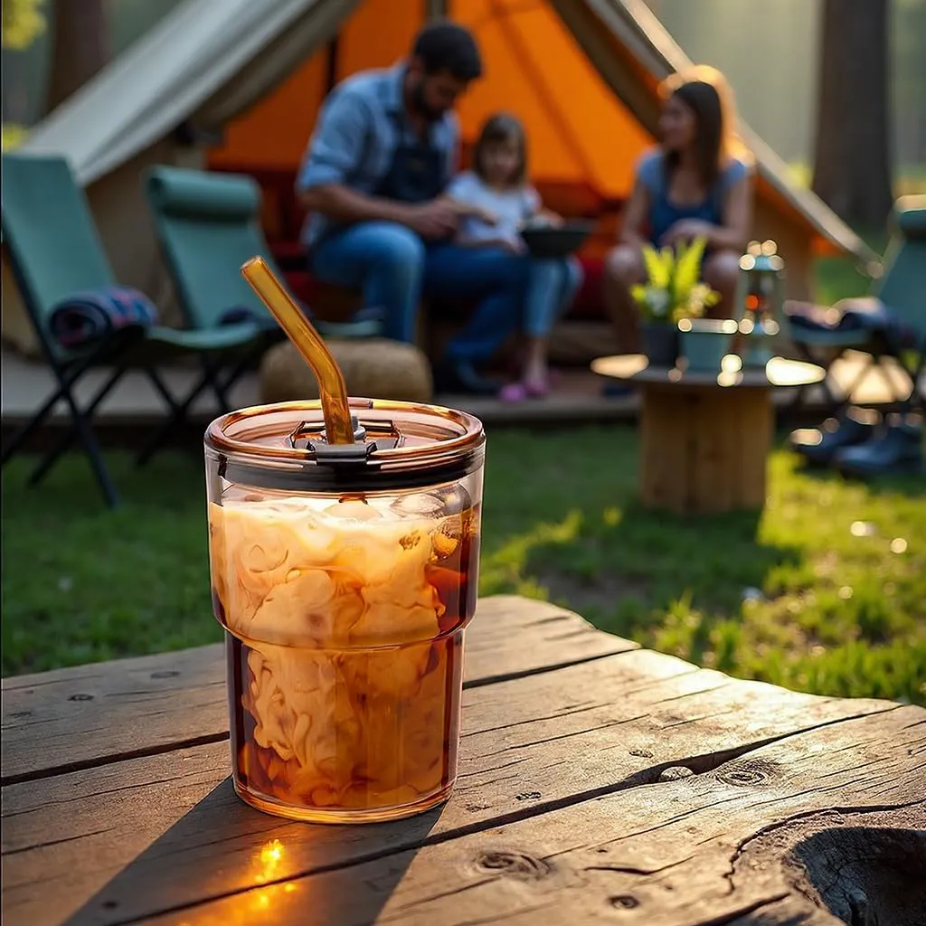 13oz/400ml Tumbler Water Glass, Cups with Straw and Lid Sealed Carry on for Coffee, Iced Tea, Thick Wall Insulated Glass Cup (Amber)