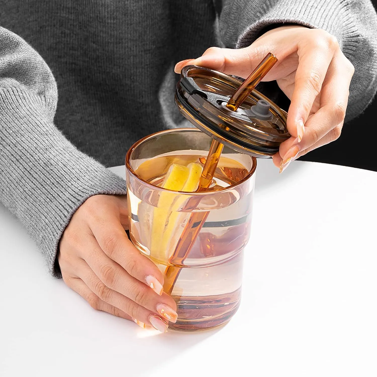 13oz/400ml Tumbler Water Glass, Cups with Straw and Lid Sealed Carry on for Coffee, Iced Tea, Thick Wall Insulated Glass Cup (Amber)