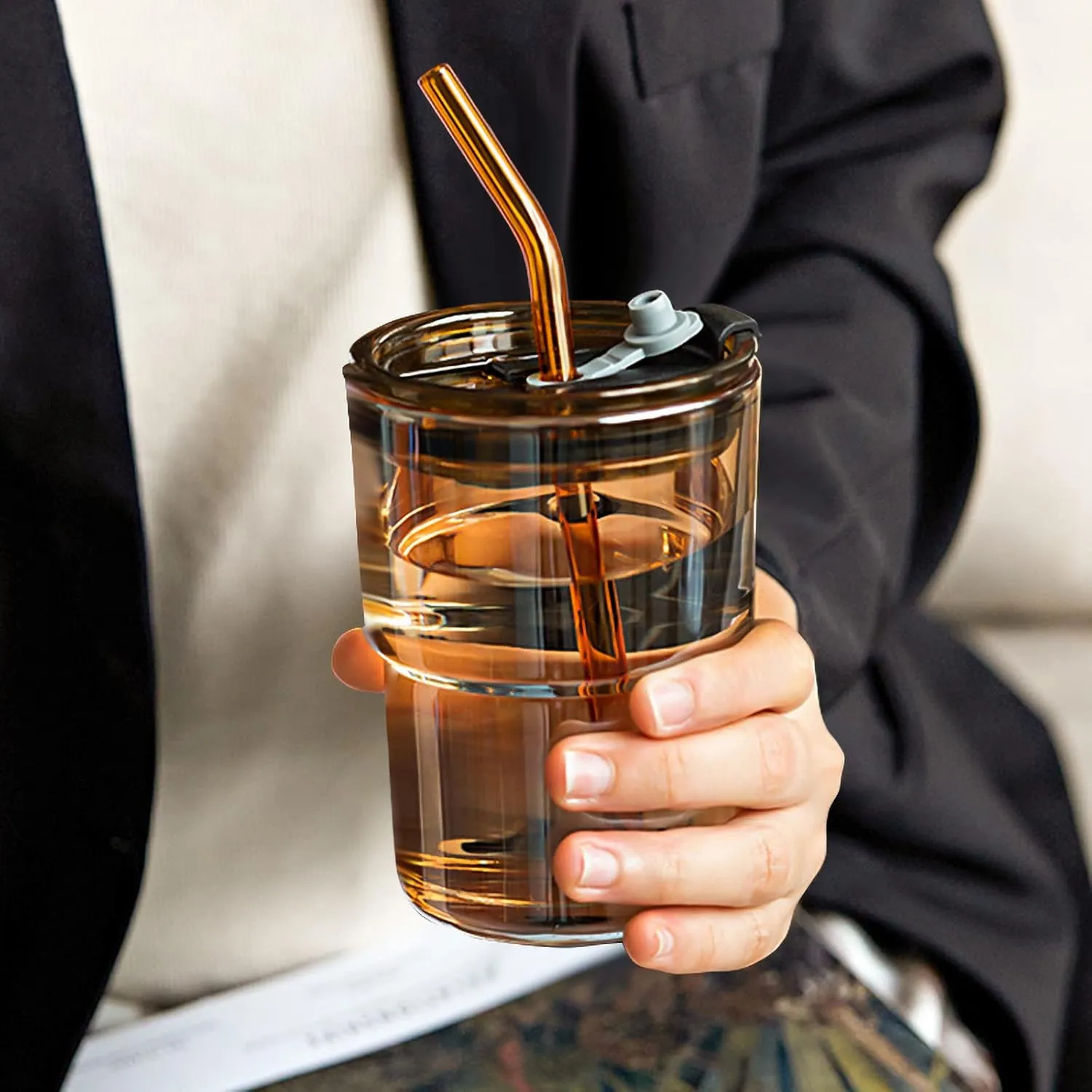 13oz/400ml Tumbler Water Glass, Cups with Straw and Lid Sealed Carry on for Coffee, Iced Tea, Thick Wall Insulated Glass Cup (Amber)