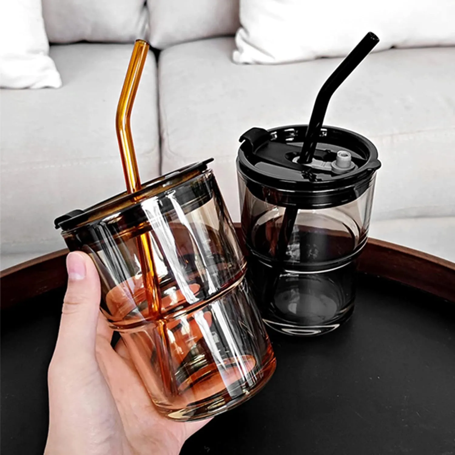 13oz/400ml Tumbler Water Glass, Cups with Straw and Lid Sealed Carry on for Coffee, Iced Tea, Thick Wall Insulated Glass Cup (Amber)