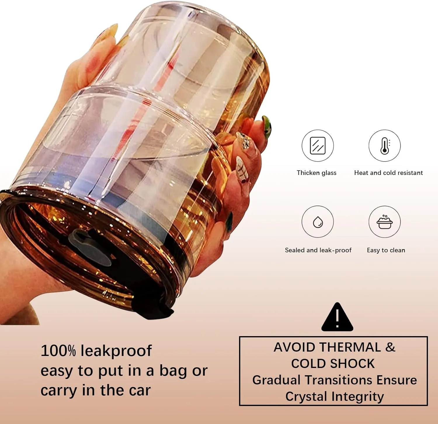 13oz/400ml Tumbler Water Glass, Cups with Straw and Lid Sealed Carry on for Coffee, Iced Tea, Thick Wall Insulated Glass Cup (Amber)