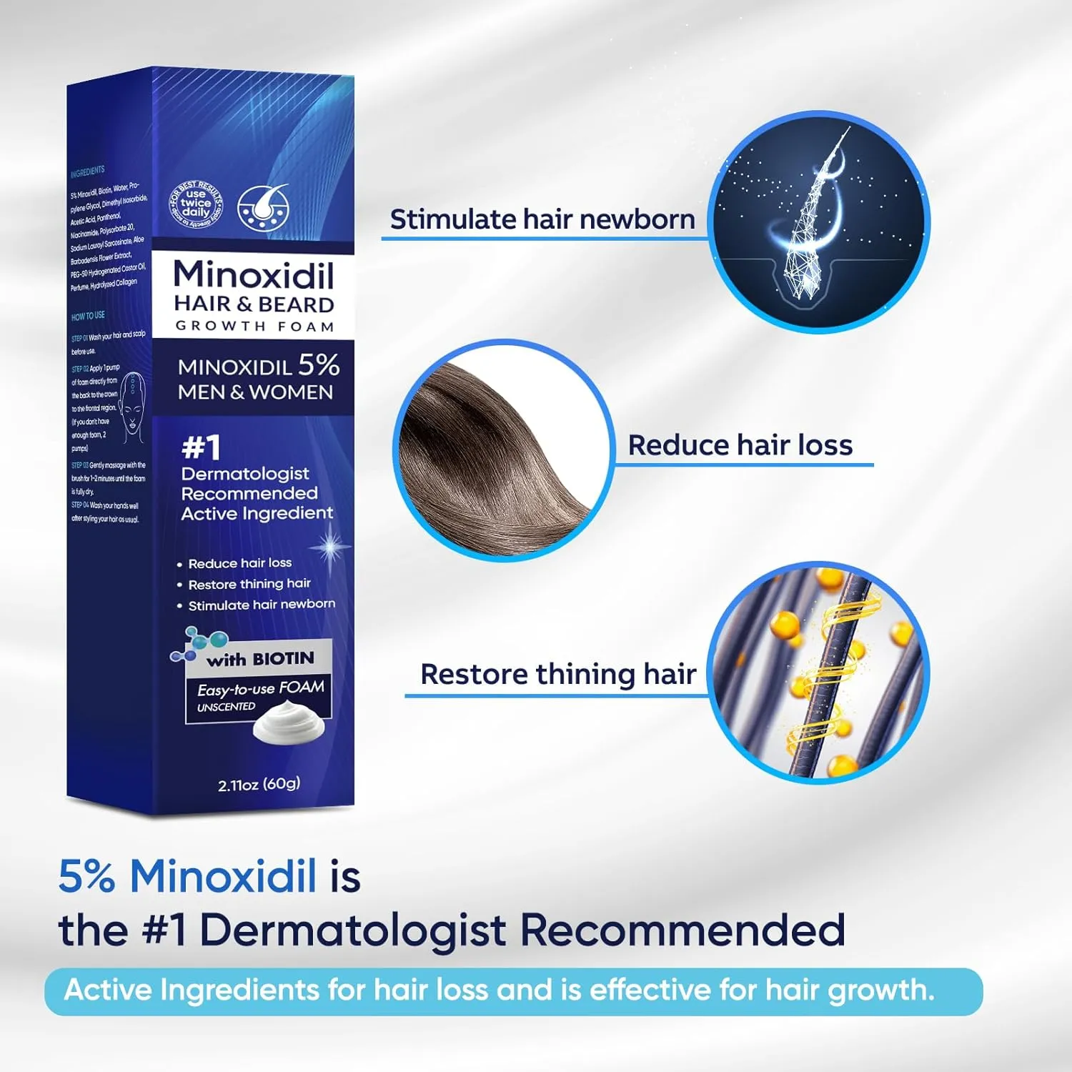 5% Minoxidil Foam for Men and Women, 5% Minoxidil for Men Foam, Minoxidil for Women Hair Growth (180)