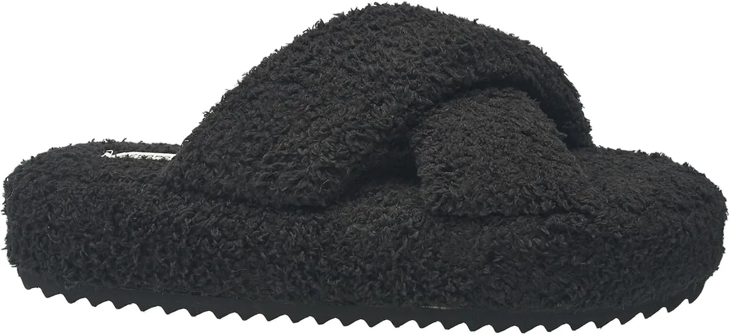 AEROPOSTALE Fuzzy Open Toe Slippers Shoes for Women  Soft Faux Sherpa Fur House Slippers with Memory Foam X Band, Indoor & Outdoor Non-Slip Sole, Fluffy Criss-Cross Design for Bedroom, Spa, and Lounge