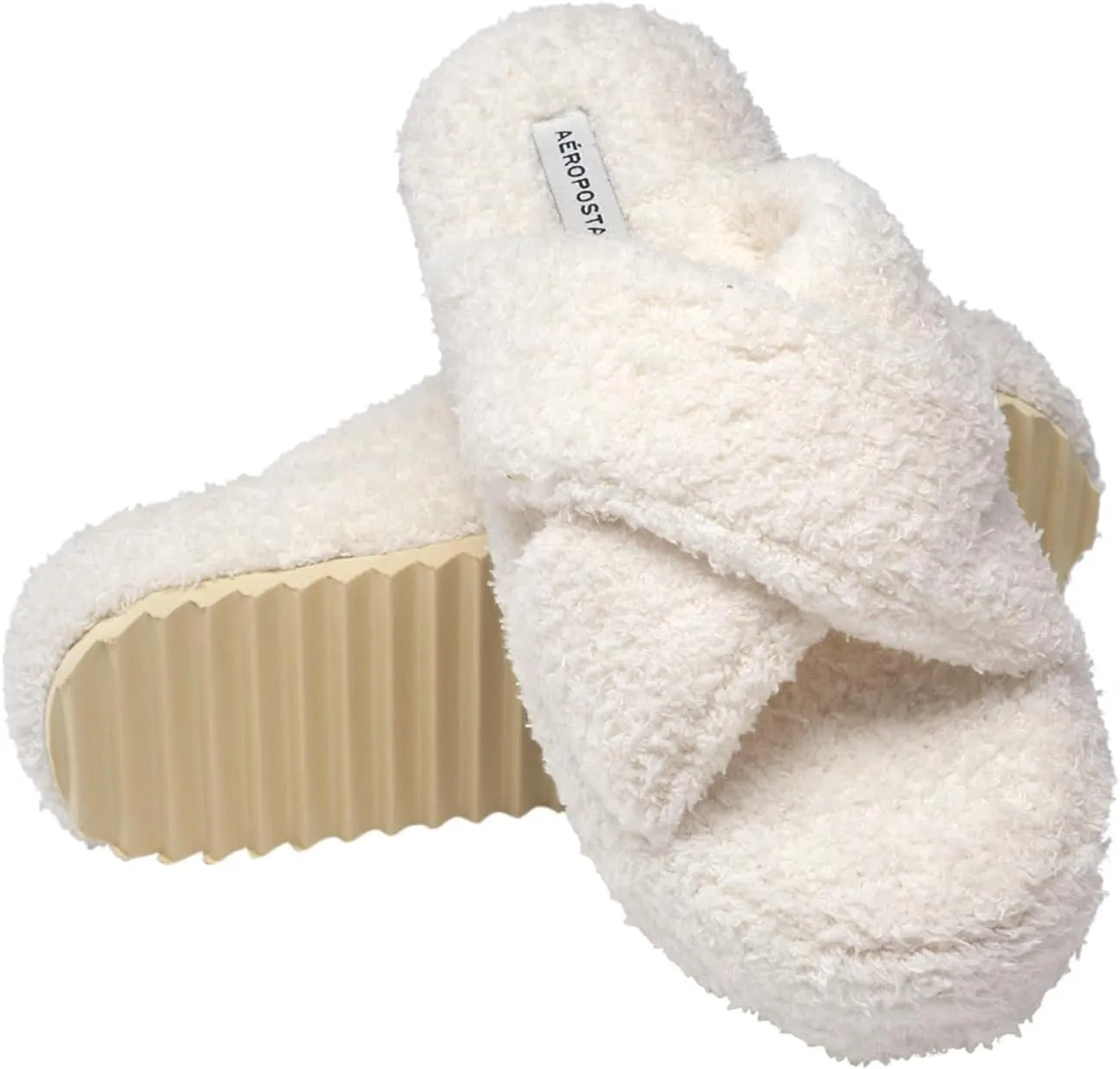 AEROPOSTALE Fuzzy Open Toe Slippers Shoes for Women  Soft Faux Sherpa Fur House Slippers with Memory Foam X Band, Indoor & Outdoor Non-Slip Sole, Fluffy Criss-Cross Design for Bedroom, Spa, and Lounge