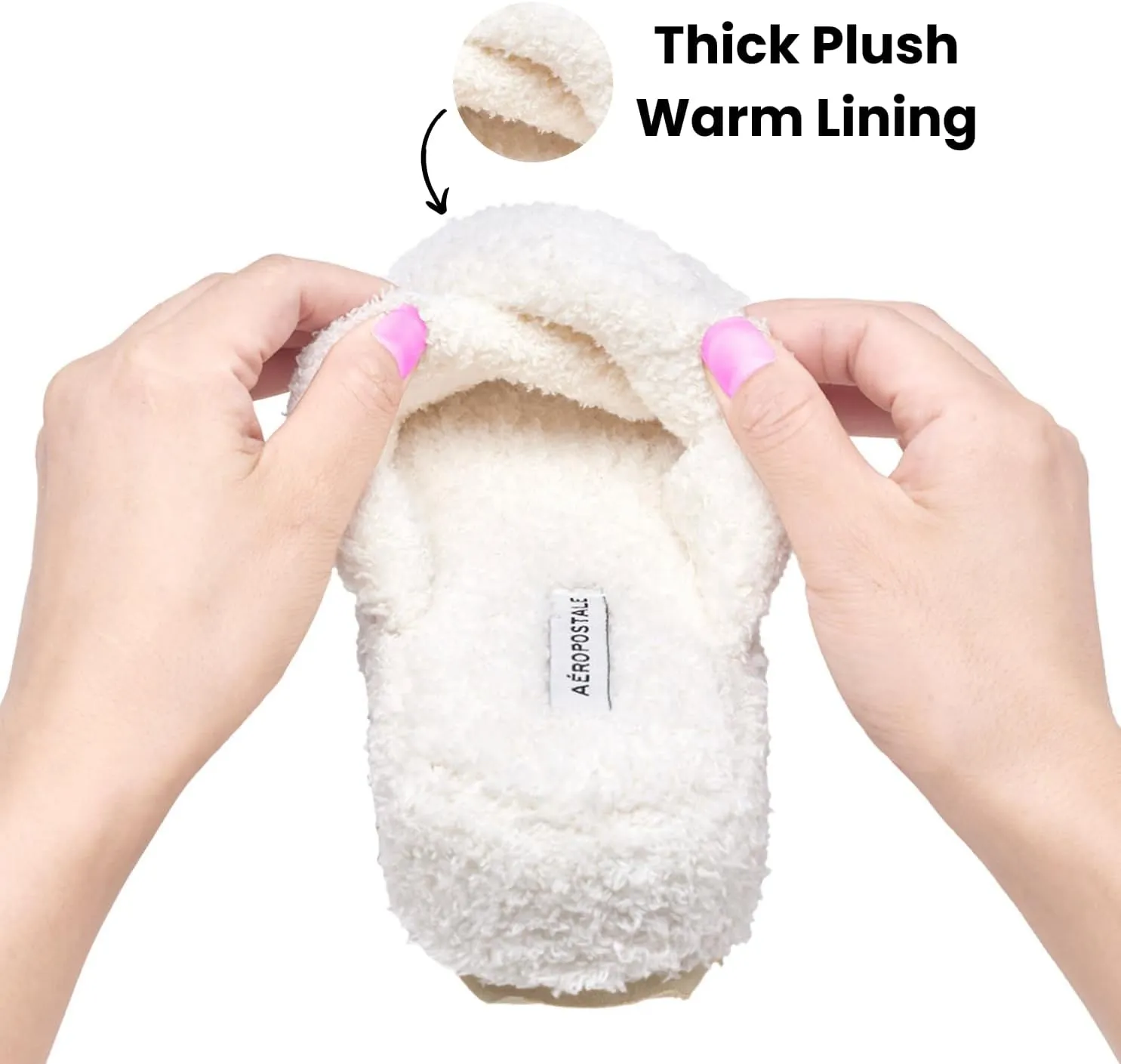 AEROPOSTALE Fuzzy Open Toe Slippers Shoes for Women  Soft Faux Sherpa Fur House Slippers with Memory Foam X Band, Indoor & Outdoor Non-Slip Sole, Fluffy Criss-Cross Design for Bedroom, Spa, and Lounge