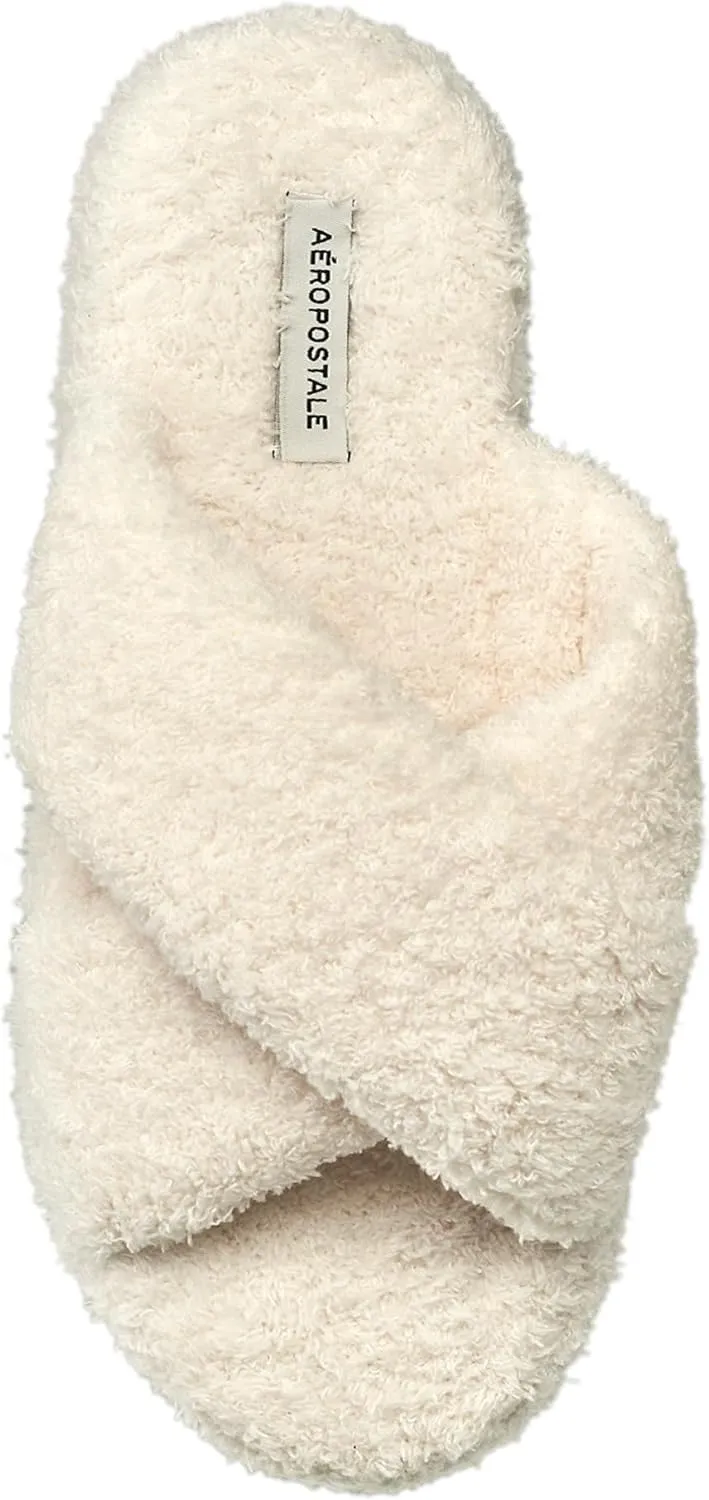 AEROPOSTALE Fuzzy Open Toe Slippers Shoes for Women  Soft Faux Sherpa Fur House Slippers with Memory Foam X Band, Indoor & Outdoor Non-Slip Sole, Fluffy Criss-Cross Design for Bedroom, Spa, and Lounge