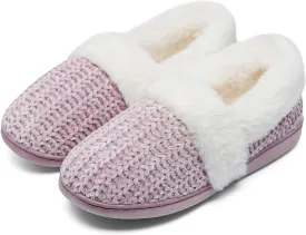 Bigwow Women's Fuzzy Slippers with Memory Foam Chenille Knit Slip On Plush Lined Closed Back-Heel House Slipper Warm Cozy Indoor Outdoor Shoes