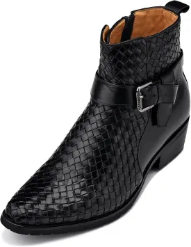 CALTO Men's Invisible Height Increasing Elevator Shoes - Black Premium Leather Woven Ankle Buckle Zipper Boots - 3.3 Inches Taller - K30523 - Size 10 D(M) US
