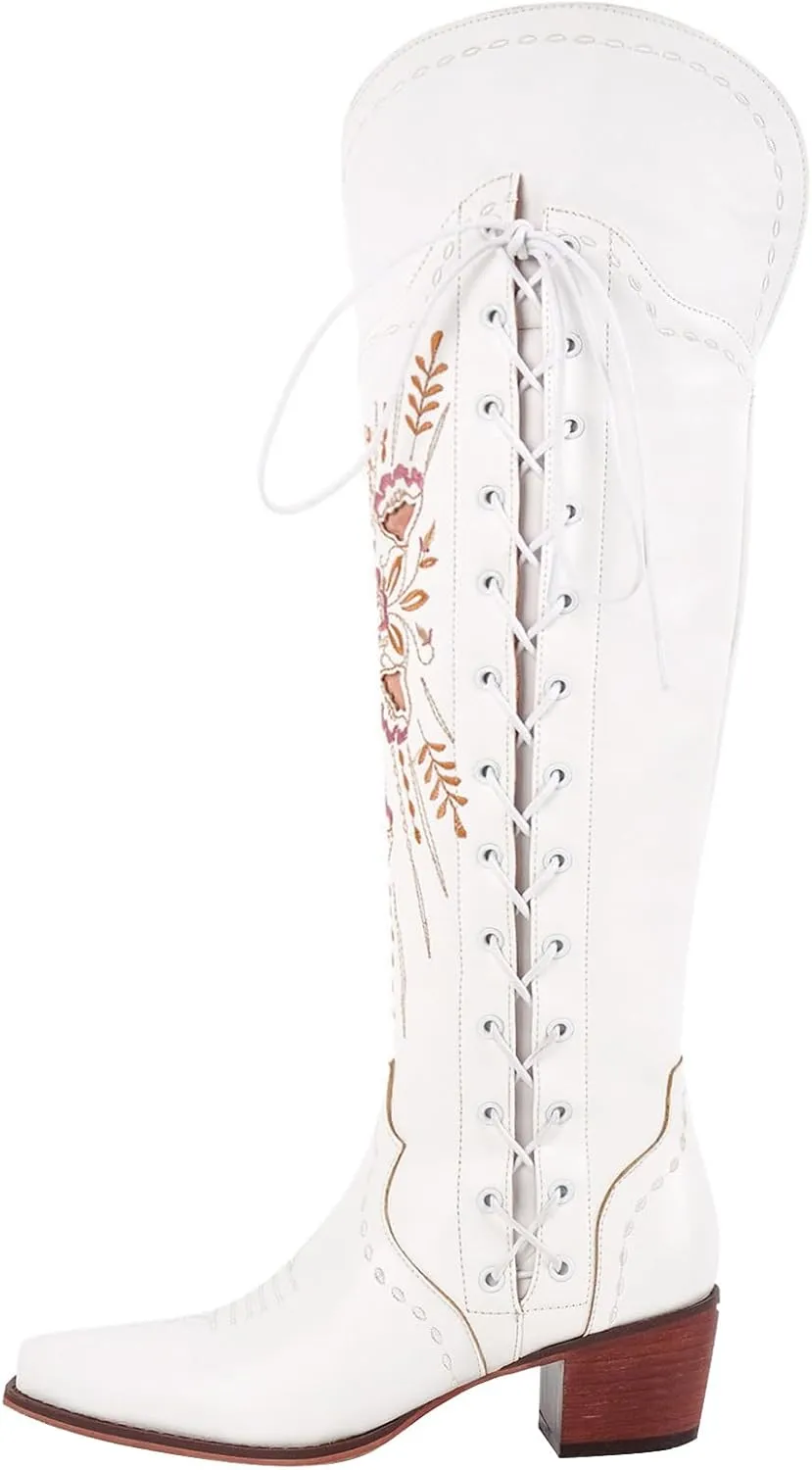 Cowboy Boots for Women Wide Calf Embroidered Western Cowgirl Boots Pointed Toe Over-The-Knee High Lace-Up Boots