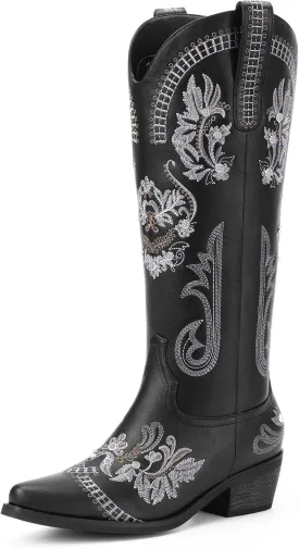 Cowboy Boots for Women - Wide Calf Knee High Cowgirl Boots, Glitter Sparkly Rhinestone Western Country Boots with Classic Embroidery, Pointed Toe Pull On Zipper Retro Boots