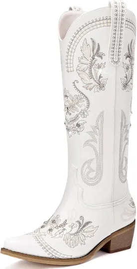 Cowboy Boots for Women - Wide Calf Knee High Cowgirl Boots, Glitter Sparkly Rhinestone Western Country Boots with Classic Embroidery, Pointed Toe Pull On Zipper Retro Boots