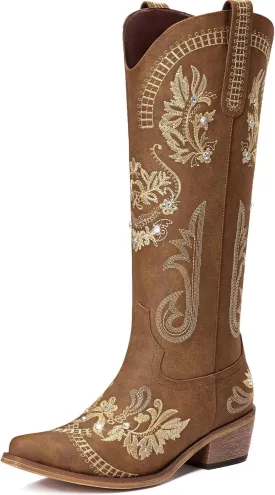 Cowboy Boots for Women - Wide Calf Knee High Cowgirl Boots, Glitter Sparkly Rhinestone Western Country Boots with Classic Embroidery, Pointed Toe Pull On Zipper Retro Boots