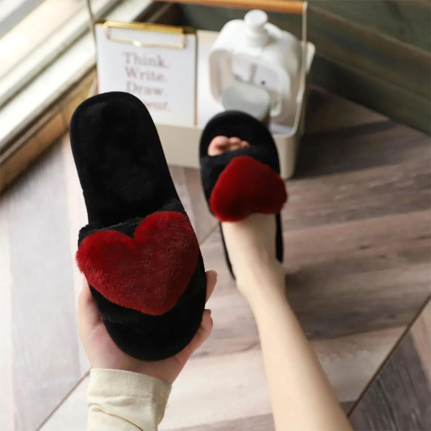 Crazy Lady Women's LOVE Slippers Fuzzy Fluffy Memory Foam House Shoes Open Toe Indoor and Outdoor