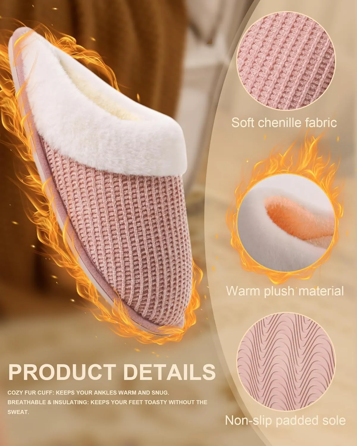 DULCET Slippers for Women,Memory Foam with Fuzzy Collar Indoor House Slippers Bedroom Non-slip Plush Slippers.