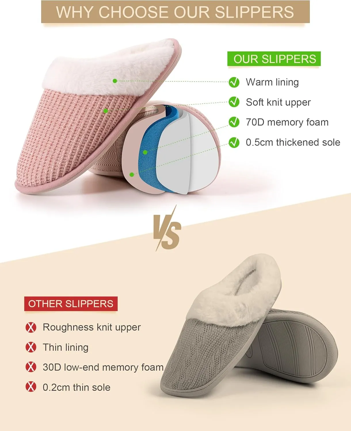 DULCET Slippers for Women,Memory Foam with Fuzzy Collar Indoor House Slippers Bedroom Non-slip Plush Slippers.