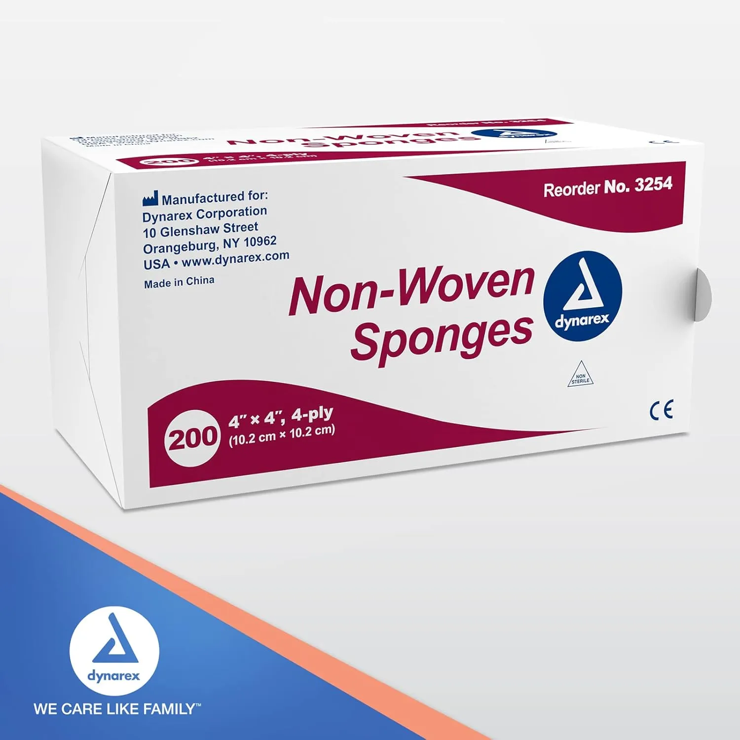 Dynarex Non-Woven Sponges, Non-Sterile, Gauze, for Cleansing, Prepping and Dressing, Highly-Absorbent, Less Linting, 4"x 4", 4 Ply, 1 Box of 200 Sponges