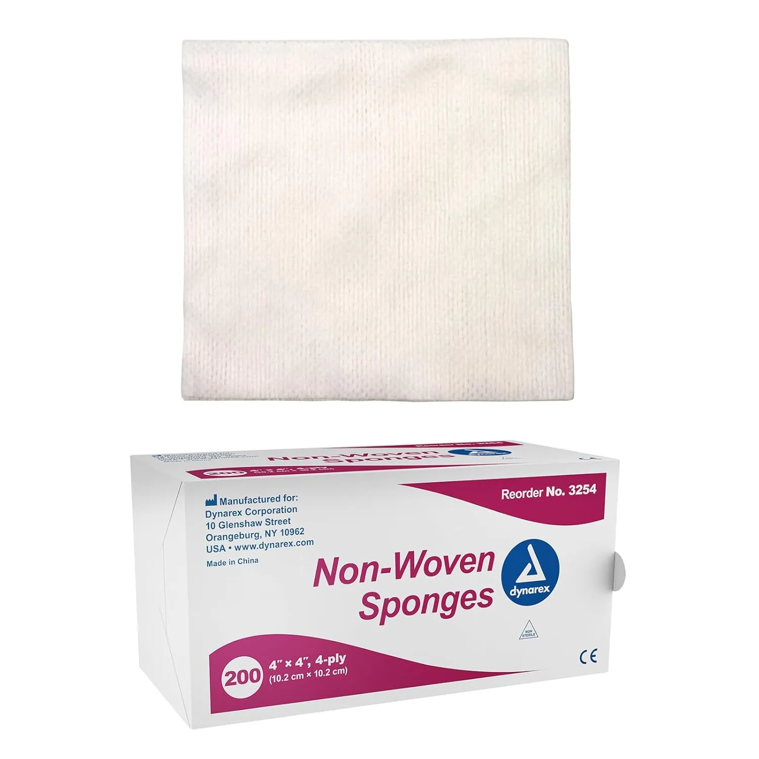 Dynarex Non-Woven Sponges, Non-Sterile, Gauze, for Cleansing, Prepping and Dressing, Highly-Absorbent, Less Linting, 4"x 4", 4 Ply, 1 Box of 200 Sponges