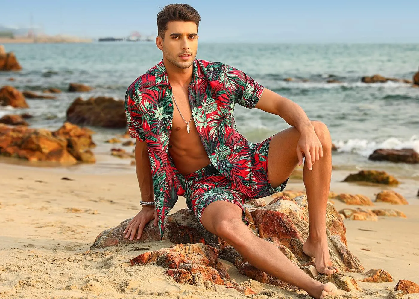 EISHOPEER Men's Flower Hawaiian Sets Casual Short Sleeve Shirt and Shorts Suits Outfits with Bucket Hats