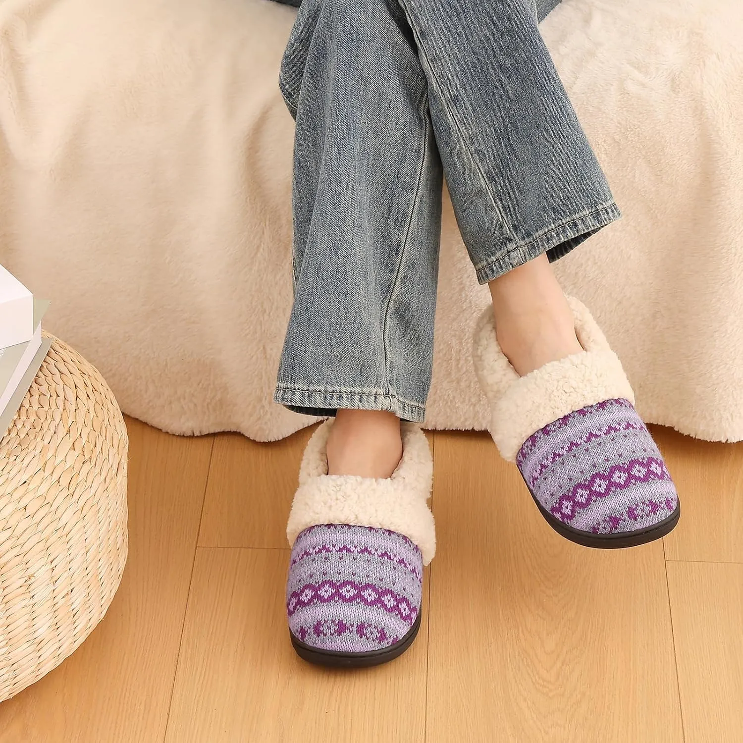 Evshine Women's Fuzzy Memory Foam Slippers, Closed Back Knit Bedroom Slippers, Slip-On Warm House Shoes for Indoor & Outdoor Comfort