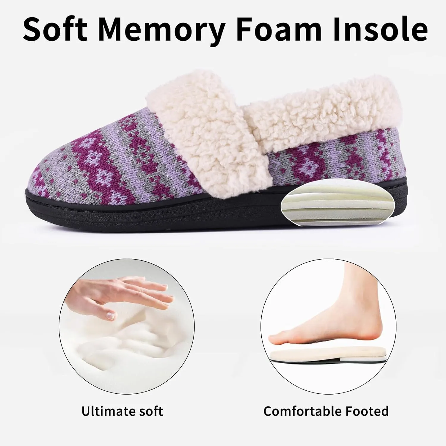 Evshine Women's Fuzzy Memory Foam Slippers, Closed Back Knit Bedroom Slippers, Slip-On Warm House Shoes for Indoor & Outdoor Comfort