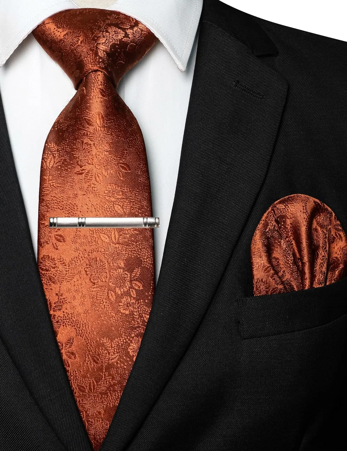 Floral Necktie and Pocket Square Tie Clip Sets for Men
