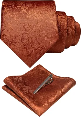 Floral Necktie and Pocket Square Tie Clip Sets for Men