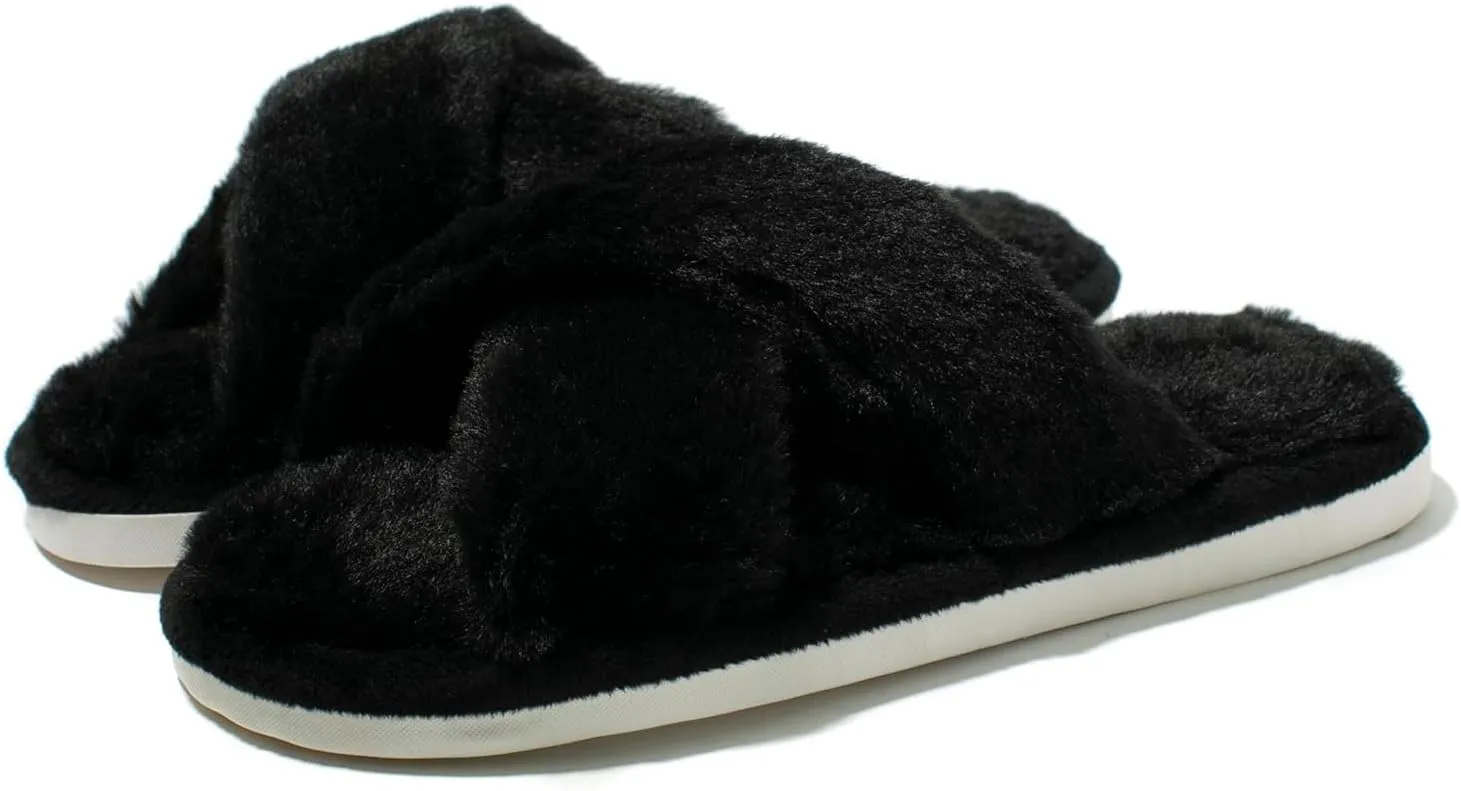 Fuzzy House Slippers for Women Furry Memory Foam Women's Cross Band Slippers Cozy Fluffy Open Toe Slippers Soft Plush Shoes for Indoor Outdoor