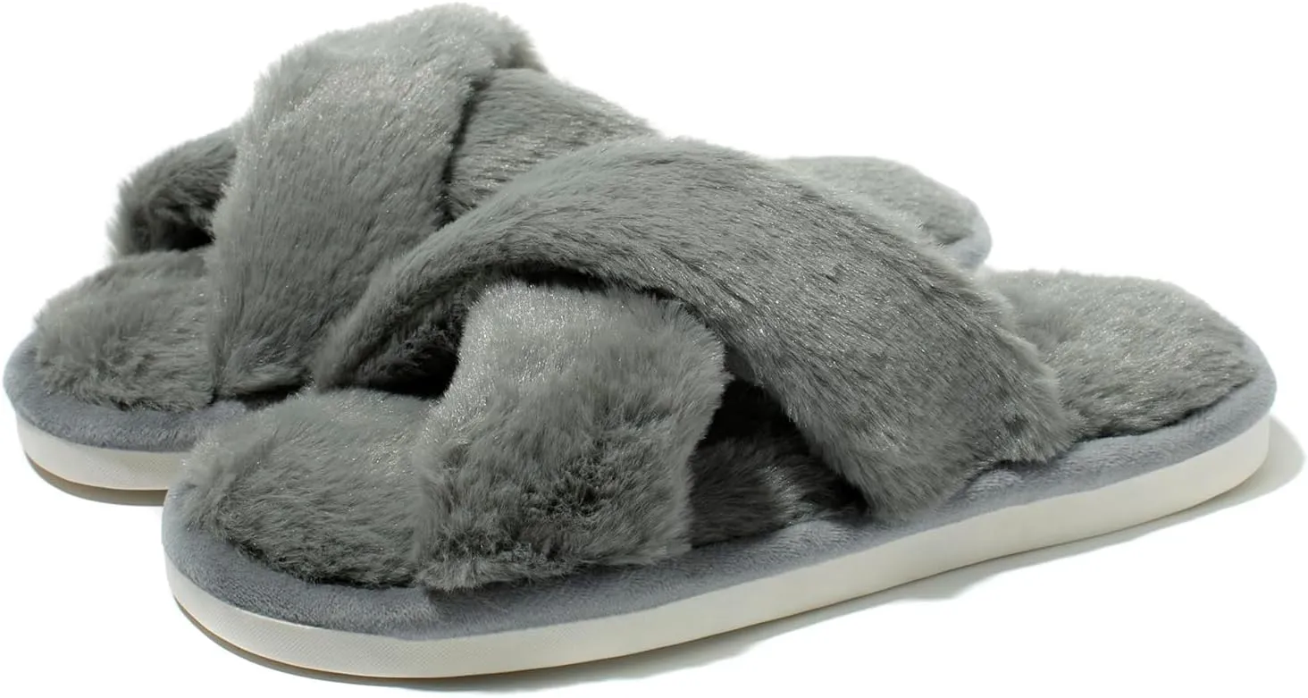 Fuzzy House Slippers for Women Furry Memory Foam Women's Cross Band Slippers Cozy Fluffy Open Toe Slippers Soft Plush Shoes for Indoor Outdoor