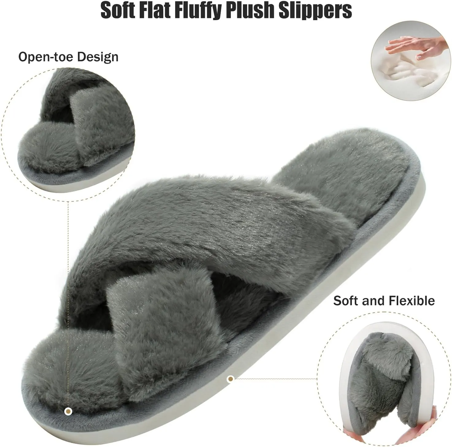 Fuzzy House Slippers for Women Furry Memory Foam Women's Cross Band Slippers Cozy Fluffy Open Toe Slippers Soft Plush Shoes for Indoor Outdoor