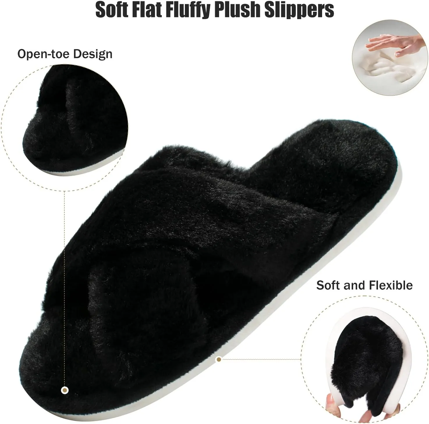 Fuzzy House Slippers for Women Furry Memory Foam Women's Cross Band Slippers Cozy Fluffy Open Toe Slippers Soft Plush Shoes for Indoor Outdoor