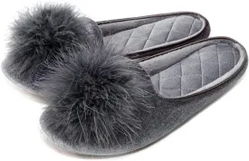 GRITHEIM Women's Fuzzy Pom Pom Velvet Memory Foam House Slippers Ladies Cozy Chenille Knit Bedroom Slippers Non-slip Sole Indoor Outdoor