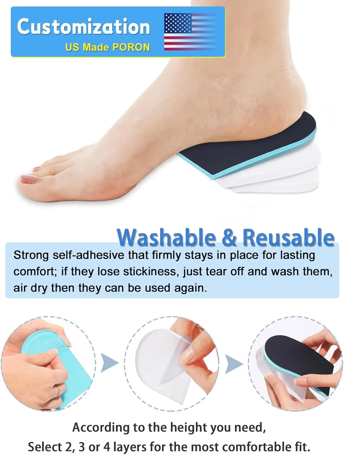 Heel Lift for Leg Length Discrepancy, Heel Pain Relief USA Made PORON Orthopedic Heel Increase Inserts for Plantar Fasciitis, Heel Height Adjustment ((2pairs) Black-Blue, W 12-14 / M 10-14.5)