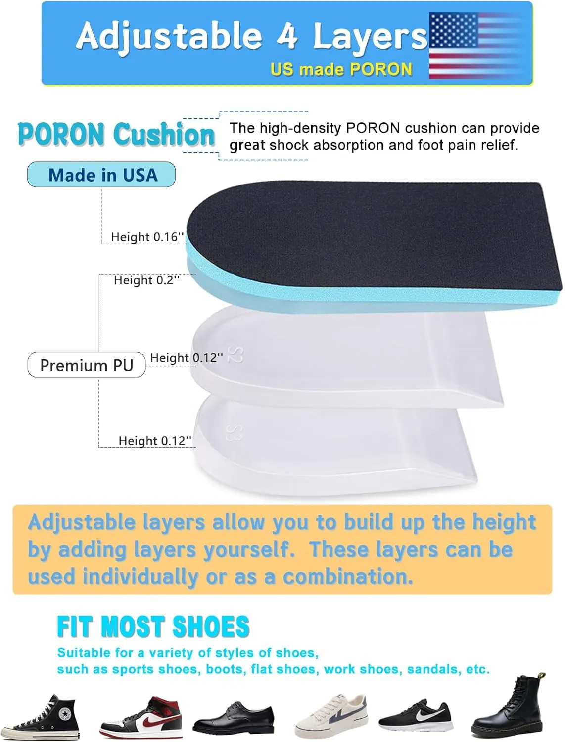 Heel Lift for Leg Length Discrepancy, Heel Pain Relief USA Made PORON Orthopedic Heel Increase Inserts for Plantar Fasciitis, Heel Height Adjustment ((2pairs) Black-Blue, W 12-14 / M 10-14.5)