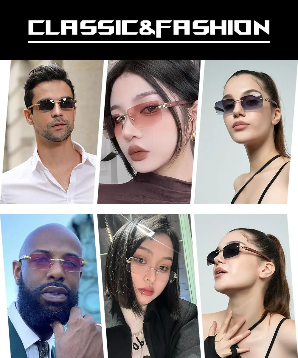 Heptagram Rectangle Fashion Rimless Sunglasses for Women Men Gangster 90s Frameless Shades Retro Vintage Trendy Eyewear