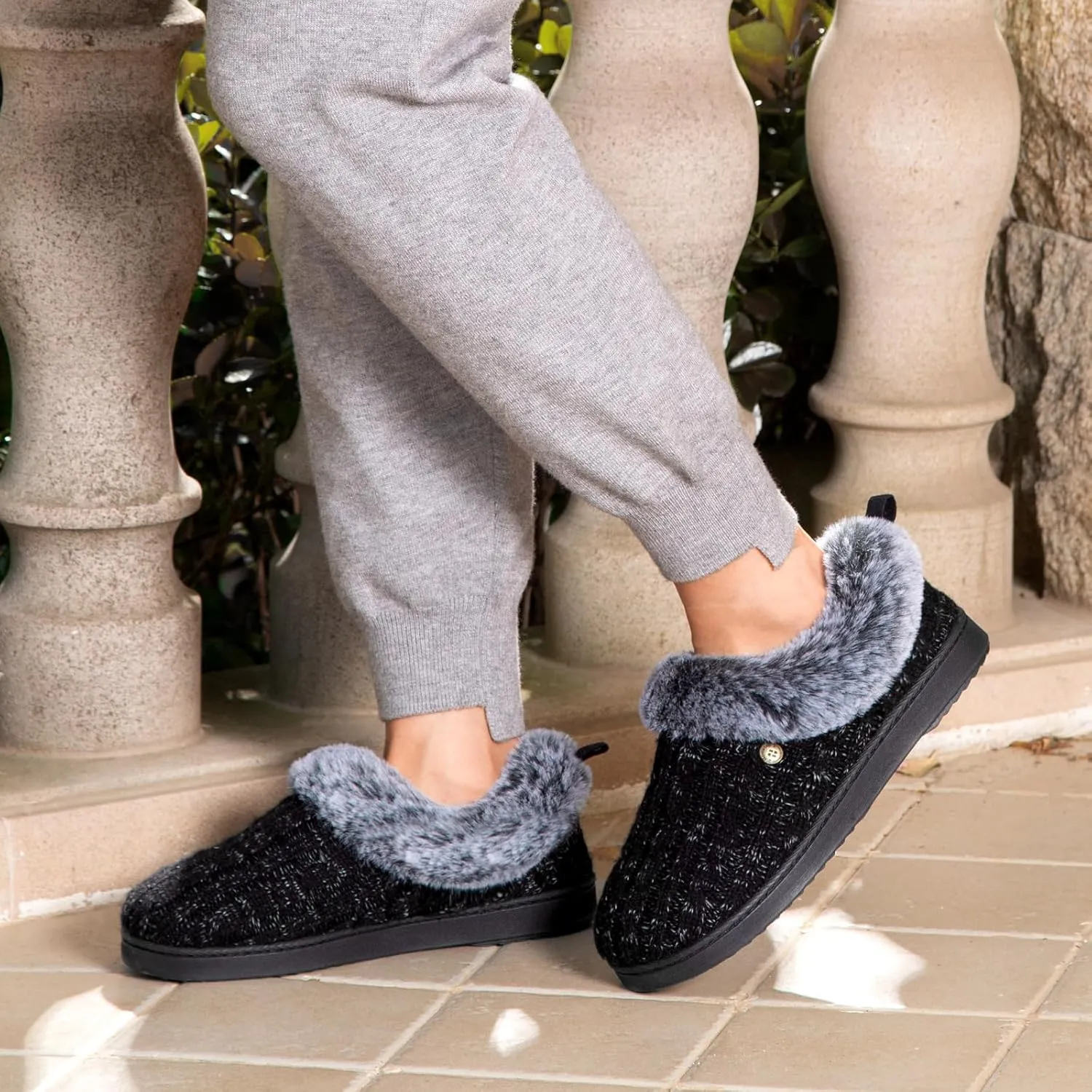 HomeTop Women's Cable Knit Slippers Breathable Warm Comfy Non-slip Indoor Outdoor House Shoes with Fuzzy Collar