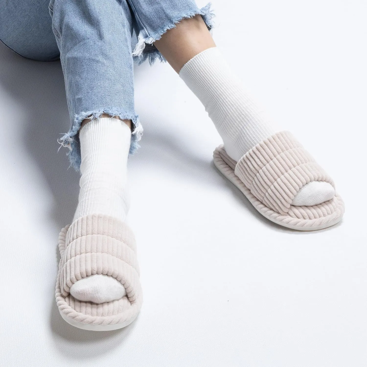 House Slippers for Women Corduroy Cross Band Slippers Open Toe Bedroom Indoor Shoes with Memory Foam