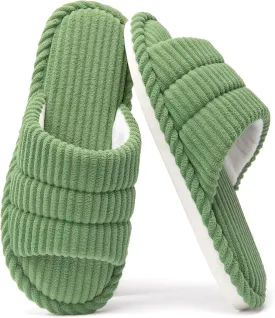 House Slippers for Women Corduroy Cross Band Slippers Open Toe Bedroom Indoor Shoes with Memory Foam