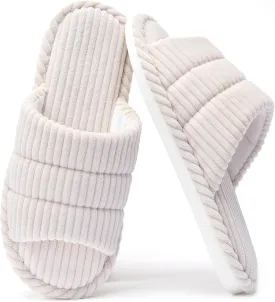 House Slippers for Women Corduroy Cross Band Slippers Open Toe Bedroom Indoor Shoes with Memory Foam