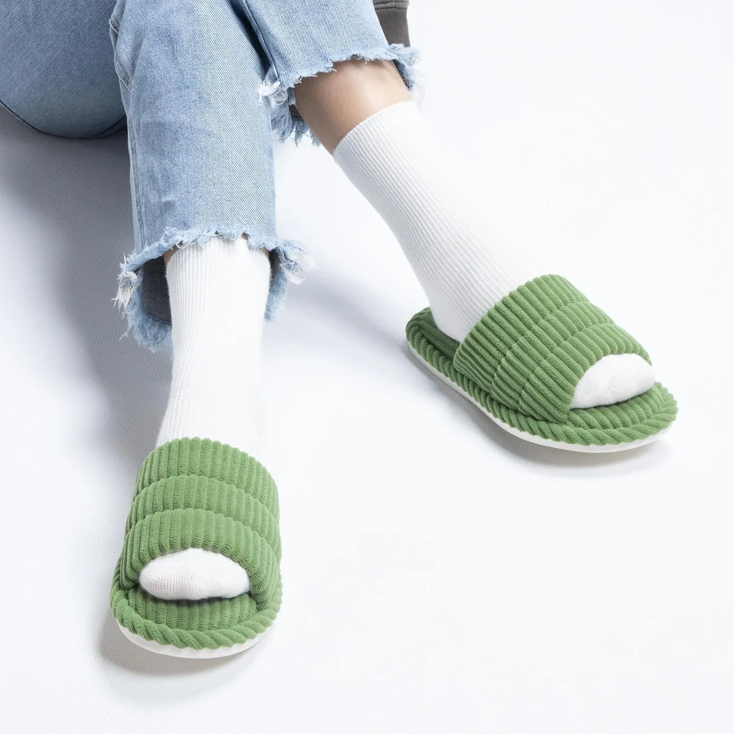 House Slippers for Women Corduroy Cross Band Slippers Open Toe Bedroom Indoor Shoes with Memory Foam