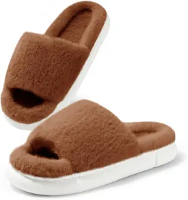 HUXMEYSON Slippers for Women, Fuzzy Faux Fur Memory Foam House Slippers, Flulffy Open Toe Cozy House Shoes Indoor Outdoor Flat Spa Slide Sandals