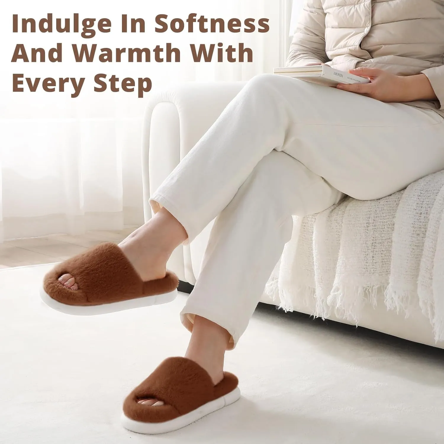 HUXMEYSON Slippers for Women, Fuzzy Faux Fur Memory Foam House Slippers, Flulffy Open Toe Cozy House Shoes Indoor Outdoor Flat Spa Slide Sandals