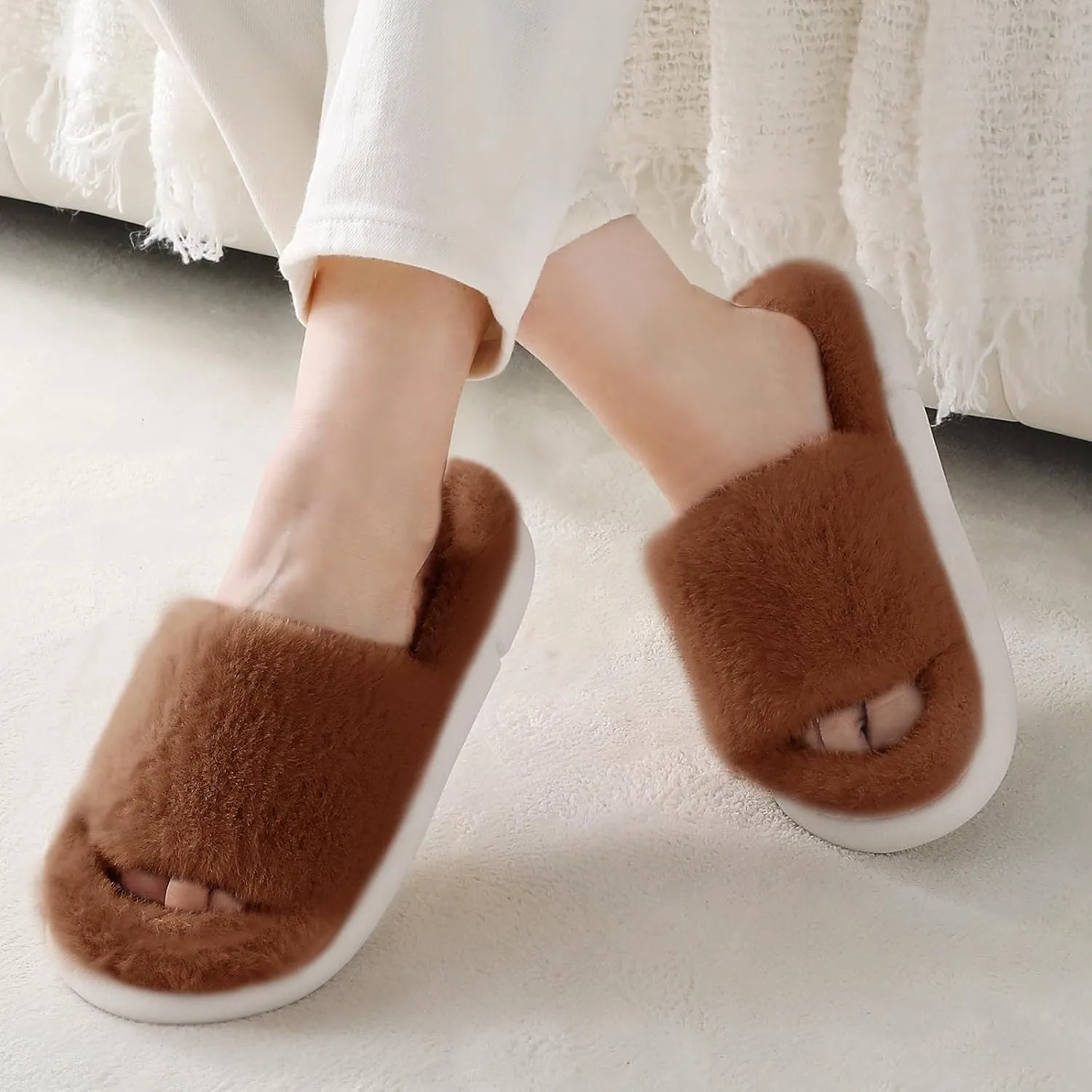 HUXMEYSON Slippers for Women, Fuzzy Faux Fur Memory Foam House Slippers, Flulffy Open Toe Cozy House Shoes Indoor Outdoor Flat Spa Slide Sandals