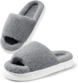 HUXMEYSON Slippers for Women, Fuzzy Faux Fur Memory Foam House Slippers, Flulffy Open Toe Cozy House Shoes Indoor Outdoor Flat Spa Slide Sandals