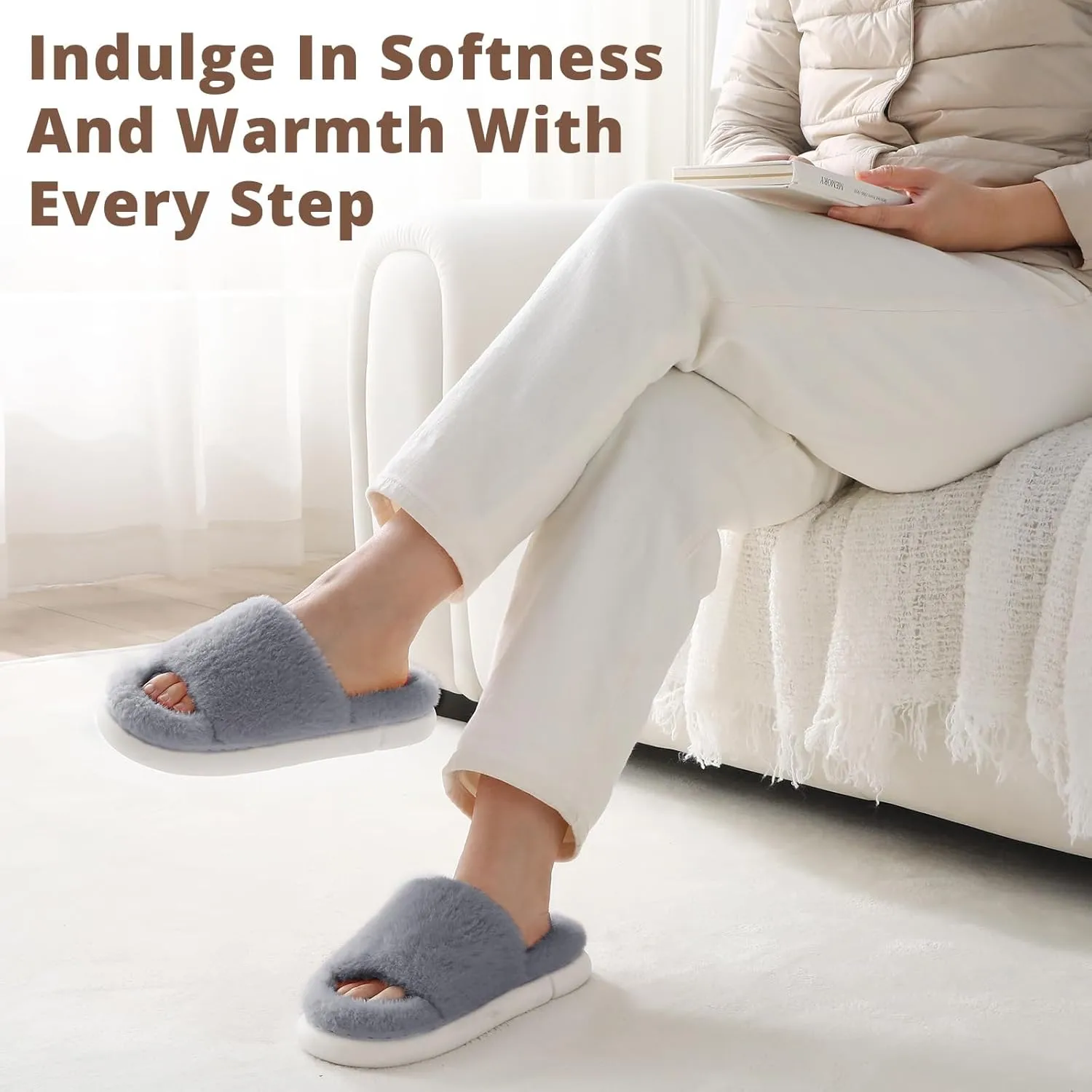 HUXMEYSON Slippers for Women, Fuzzy Faux Fur Memory Foam House Slippers, Flulffy Open Toe Cozy House Shoes Indoor Outdoor Flat Spa Slide Sandals