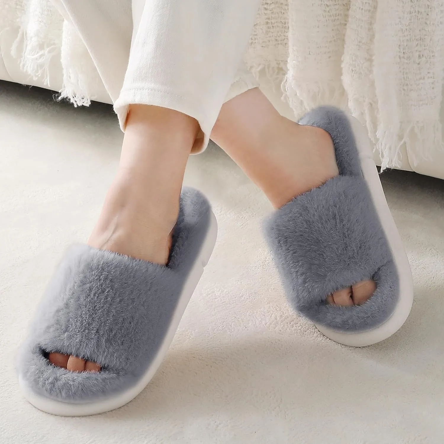 HUXMEYSON Slippers for Women, Fuzzy Faux Fur Memory Foam House Slippers, Flulffy Open Toe Cozy House Shoes Indoor Outdoor Flat Spa Slide Sandals