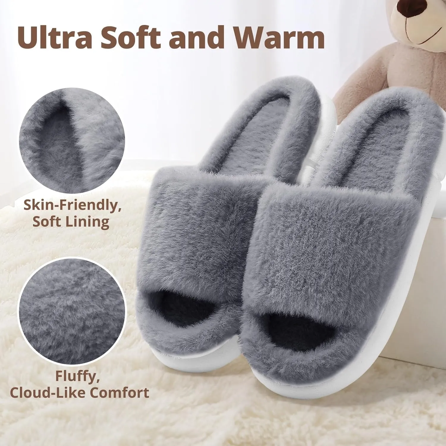 HUXMEYSON Slippers for Women, Fuzzy Faux Fur Memory Foam House Slippers, Flulffy Open Toe Cozy House Shoes Indoor Outdoor Flat Spa Slide Sandals
